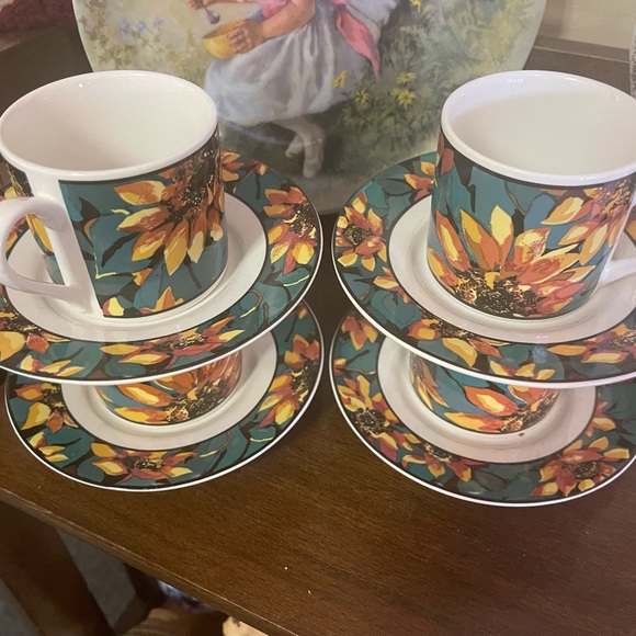 Vitromaster Sunflower 4 Set of Cups and Saucers Vintage 90s Sue Zipkin - Picture 5 of 5